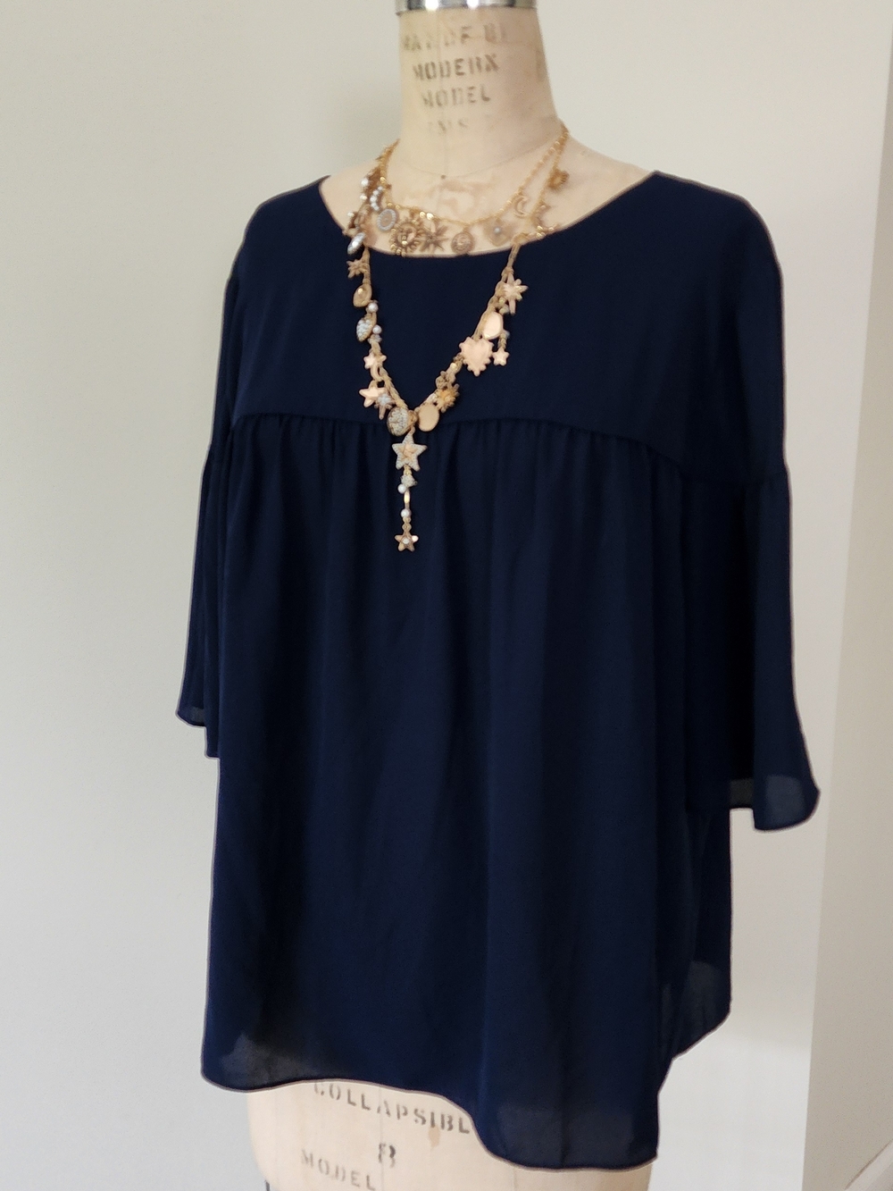 Ann Taylor Navy Women's Peasant Blouse With Tie Knot Back